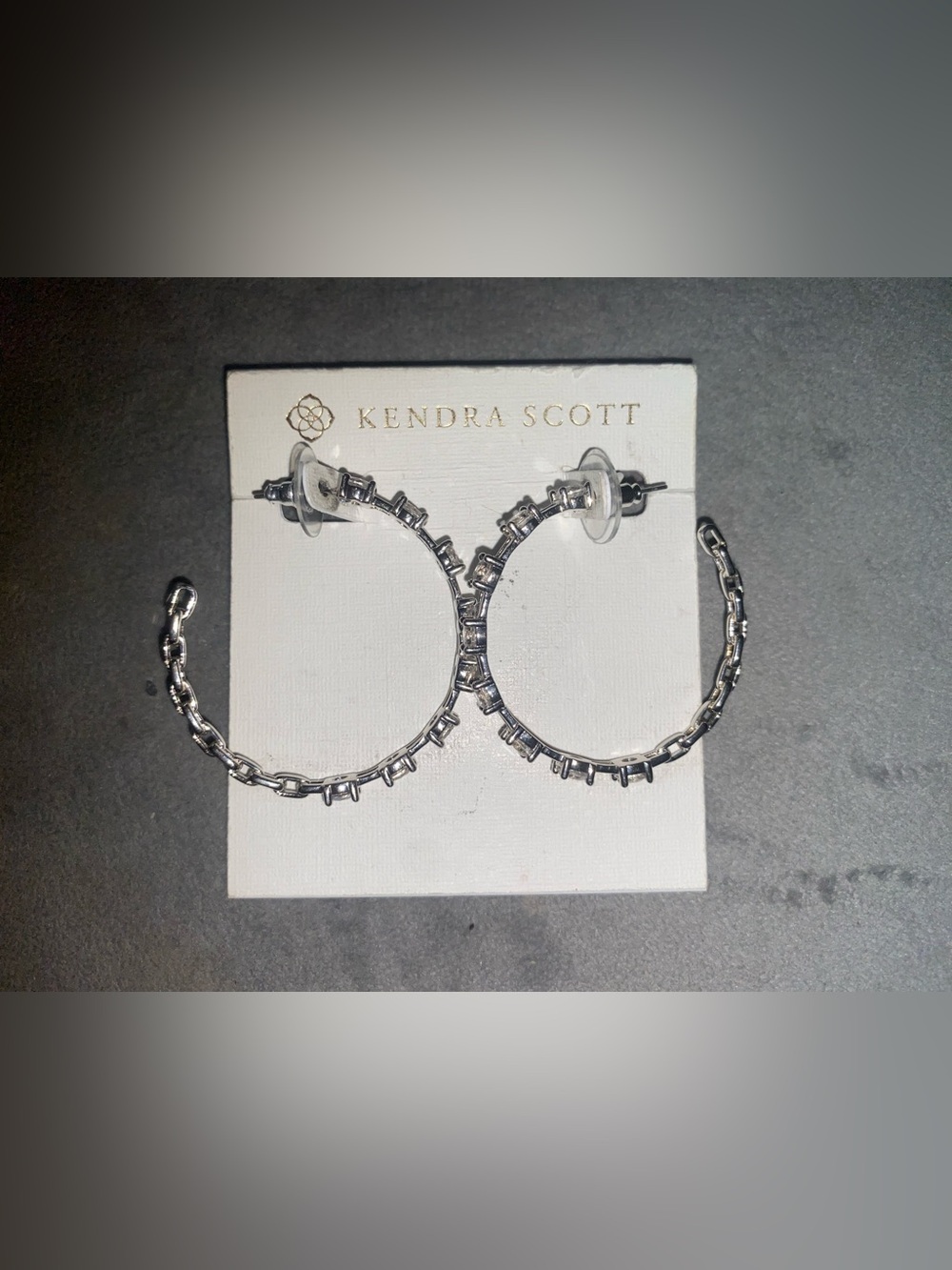 KENDRA SCOTT LEXI SILVER HOOP EARRINGS IN WHITE CRYSTAL $85